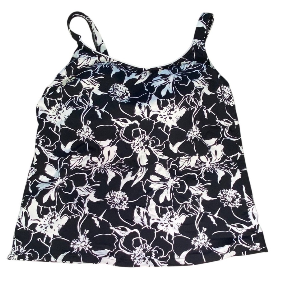 Lands End Womens 8P Black White Floral Tankini Top Adjustable Strap Swimwear